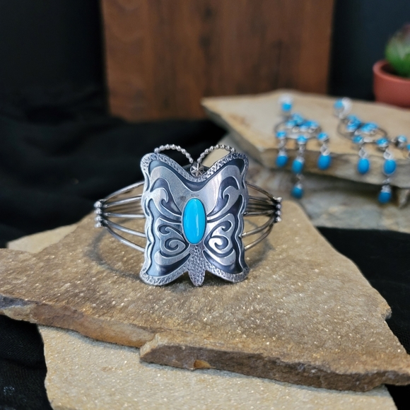 Sterling Silver Turquoise Butterfly Cuff - Picture 6 of 10